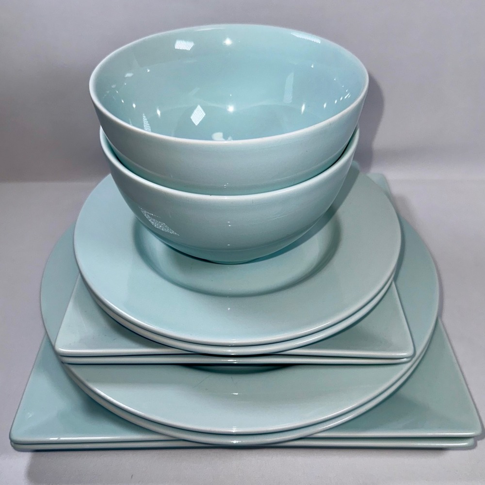 Real Simple Light Blue Stoneware Dinnerware Set Square Round Plates Bowls 10 pc